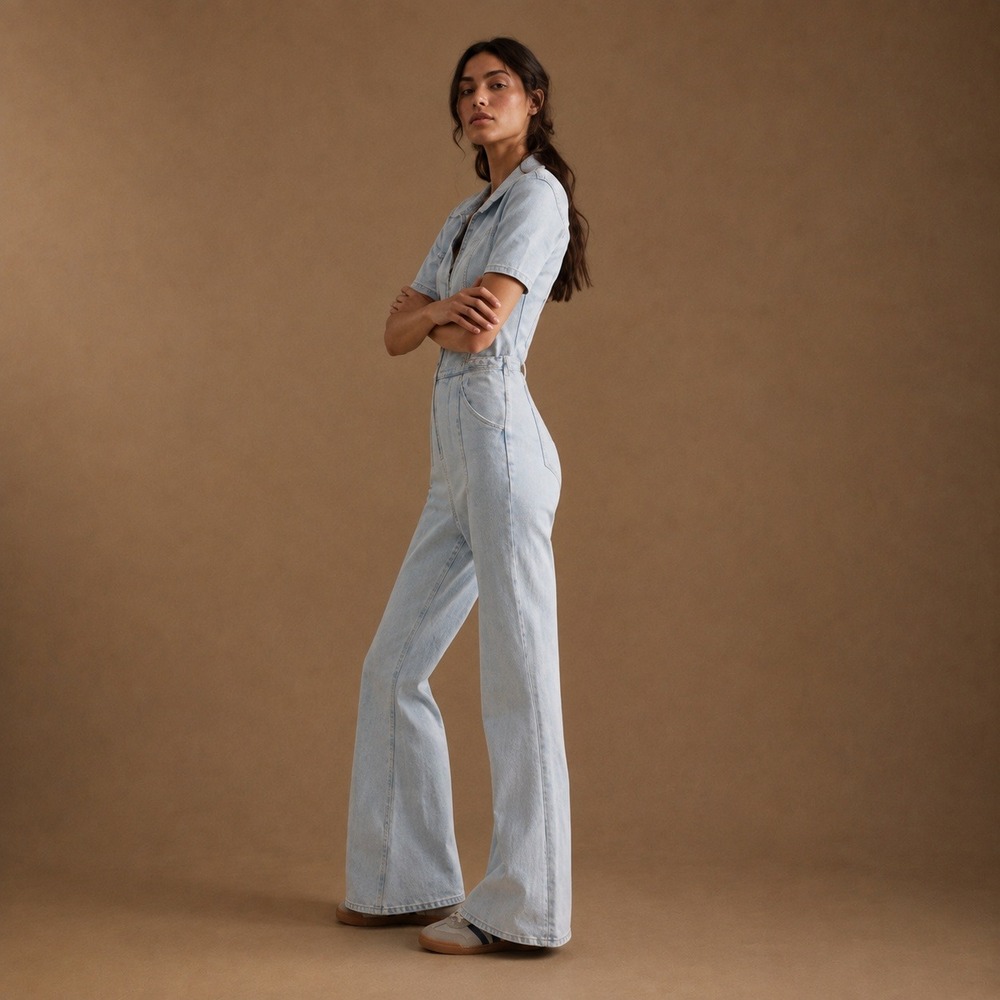 Free People Jayde Flare Stretch Denim Jumpsuit Light Wash Sz XL - Picture 3 of 14